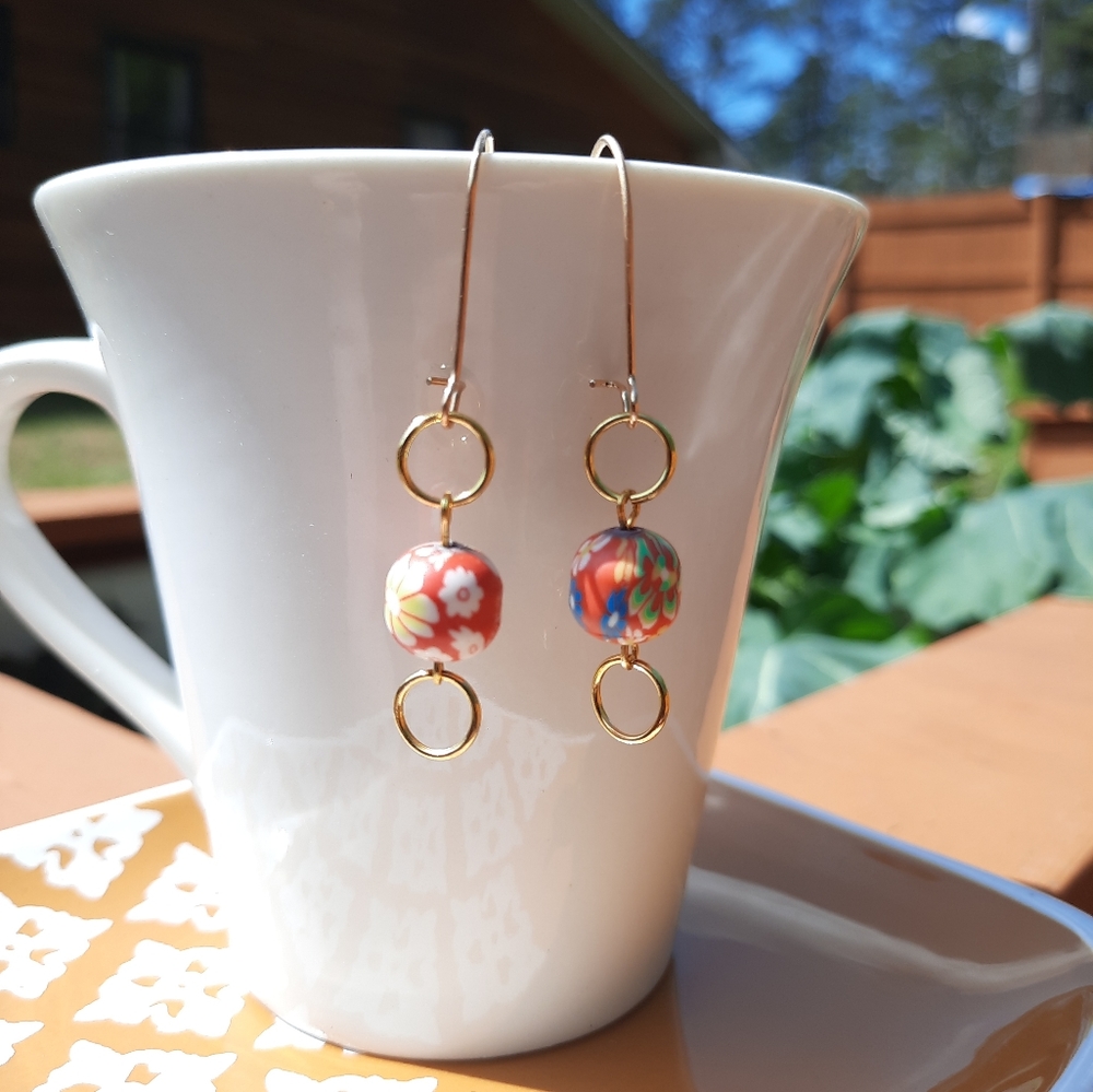 Red Floral Bead Circle Dangle Gold Earrings